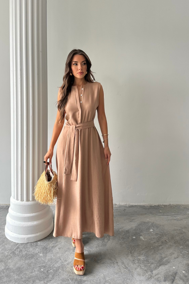 KETEN ELBİSE KOLSUZ BEL BAĞLAMALI MAXİ ELBİSE - Kahverengi - Görsel 4