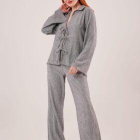 Ön Bağlama Detaylı Pantolon Ve Gömlek Antrasit İkili Takım