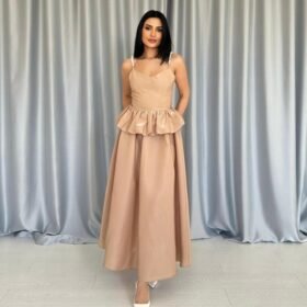 Camel Beli Büzgülü İnci Askılı Uzun Elbise