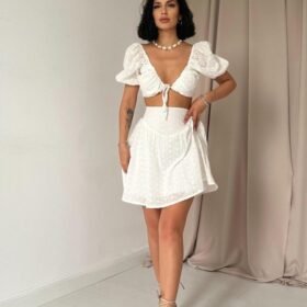 Ekru Brode Crop Ve Mini Etek Takım