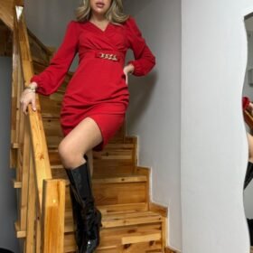 Kadın Uzun Kollu Kruvaze Yaka önden Asimetrik Detay Kısa Krep Elbise