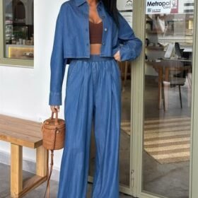 Denim Gömlek Plazzo Pantolon Takım 10163-08