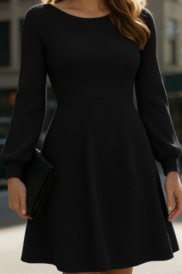 Kadın Uzun Kollu Kayık Yaka Kısa Triko Elbise - Görsel 2