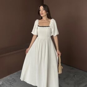 Bej Arkası Bağlamalı Keten Elbise