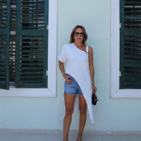 Kadın Tek Omuzu Açık Askılı Asimetrik Kesim Detaylı Bluz