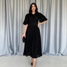 Siyah Kemerli Balon Kollu Elbise