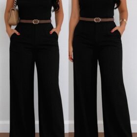 Kadın Yüksek Bel Geniş Paça Detaylı Cepli Ithal Krep Pantolon