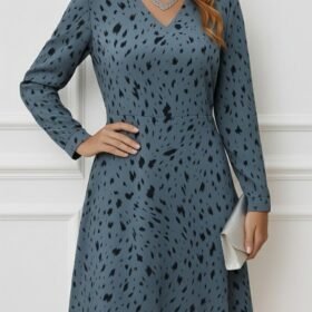 Kadın Uzun Kollu V Yakalı Desenli Kısa Keten Elbise