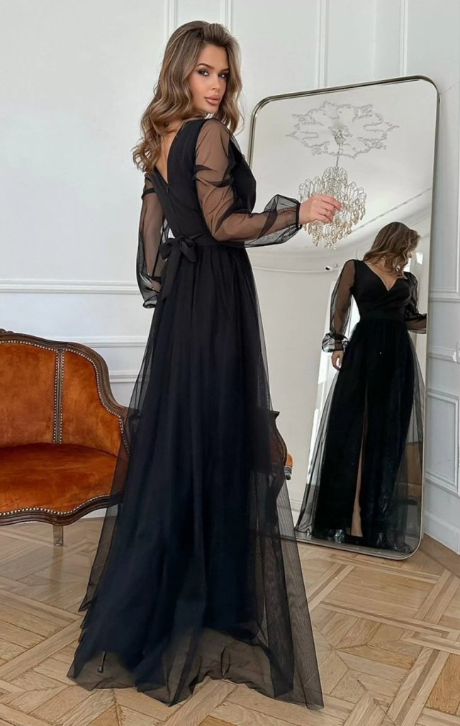 Kadın Uzun Kollu Kruvaze Yakalı Belden Kuşaklı Tüllü Uzun Ithal Krep Elbise - Görsel 4