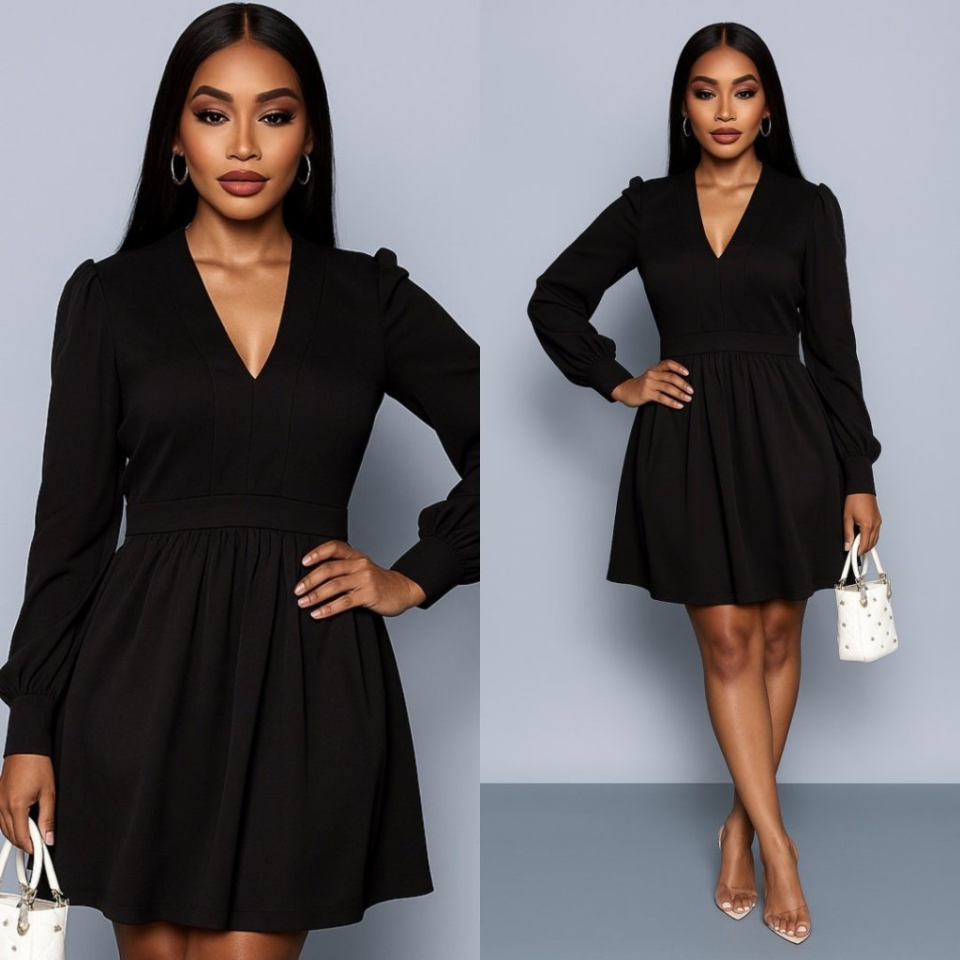 Kadın Uzun Kollu V Yaka Belden Hafif Pileli Scuba Krep Mini Boy Elbise - Görsel 3