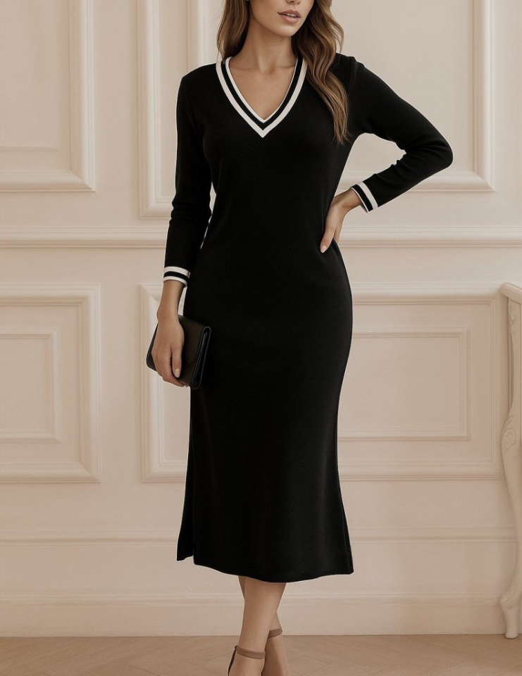 Kadın Uzun Kollu V Ribana Yakalı Yanlardan Yırtmaçlı Midi Viskon Iki Iplik Elbise - Görsel 3