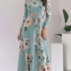 Kadın Uzun Kollu Yuvarlak Yakalı Beli Kuşaklı Desenli Süprem Uzun Elbise