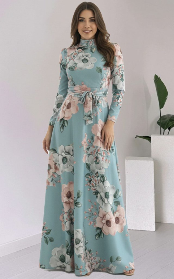 Kadın Uzun Kollu Yuvarlak Yakalı Beli Kuşaklı Desenli Süprem Uzun Elbise