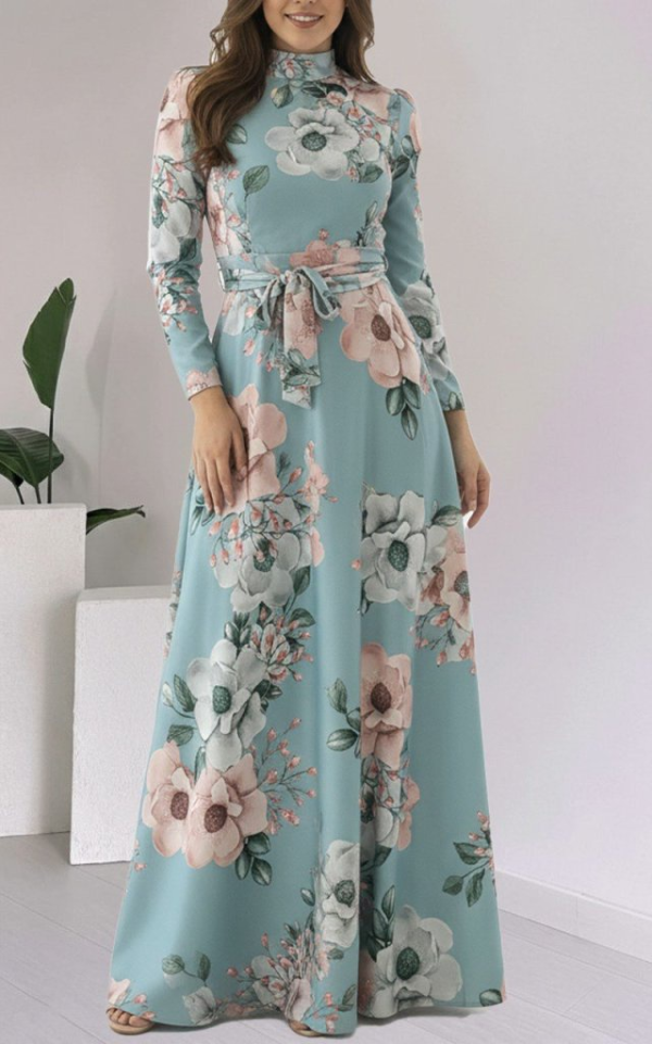 Kadın Uzun Kollu Yuvarlak Yakalı Beli Kuşaklı Desenli Süprem Uzun Elbise - Görsel 3