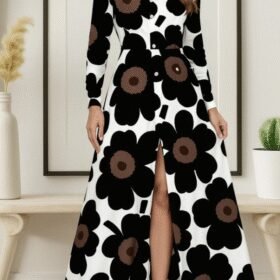 Kadın Yakalı önden Düğmeli çiçek Desenli Uzun Süprem Elbise