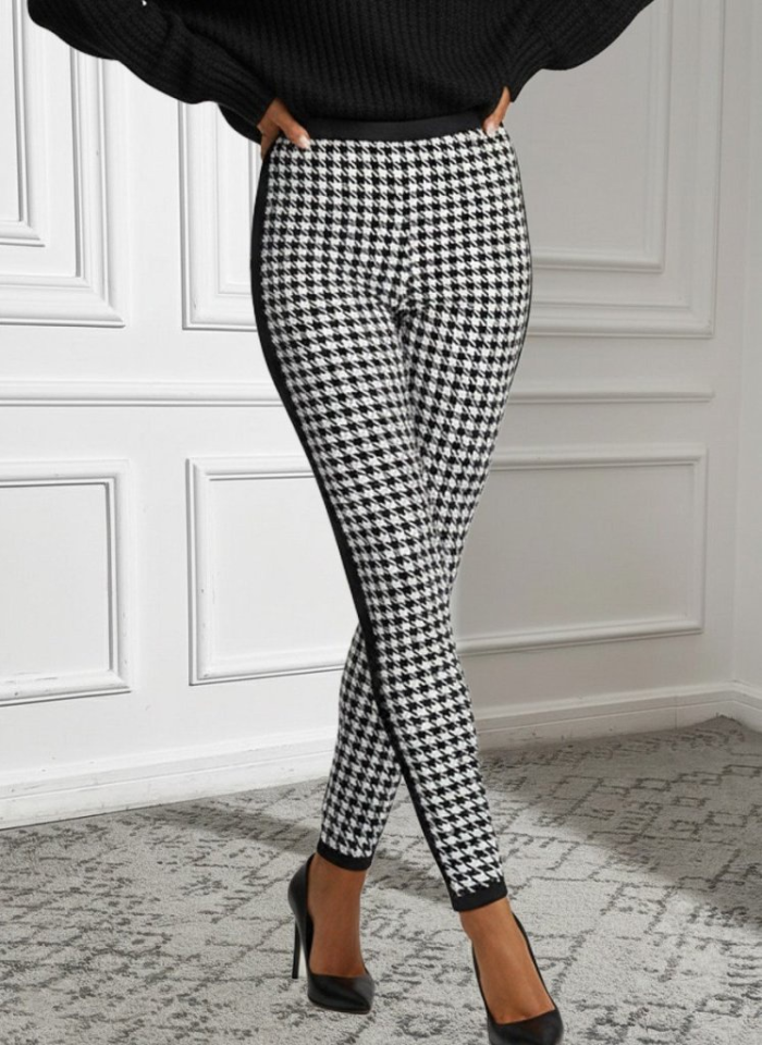 Kadın Yüksek Bel Kaz Ayağı Desenli Yanları şeritli Dalgıç Pantolon