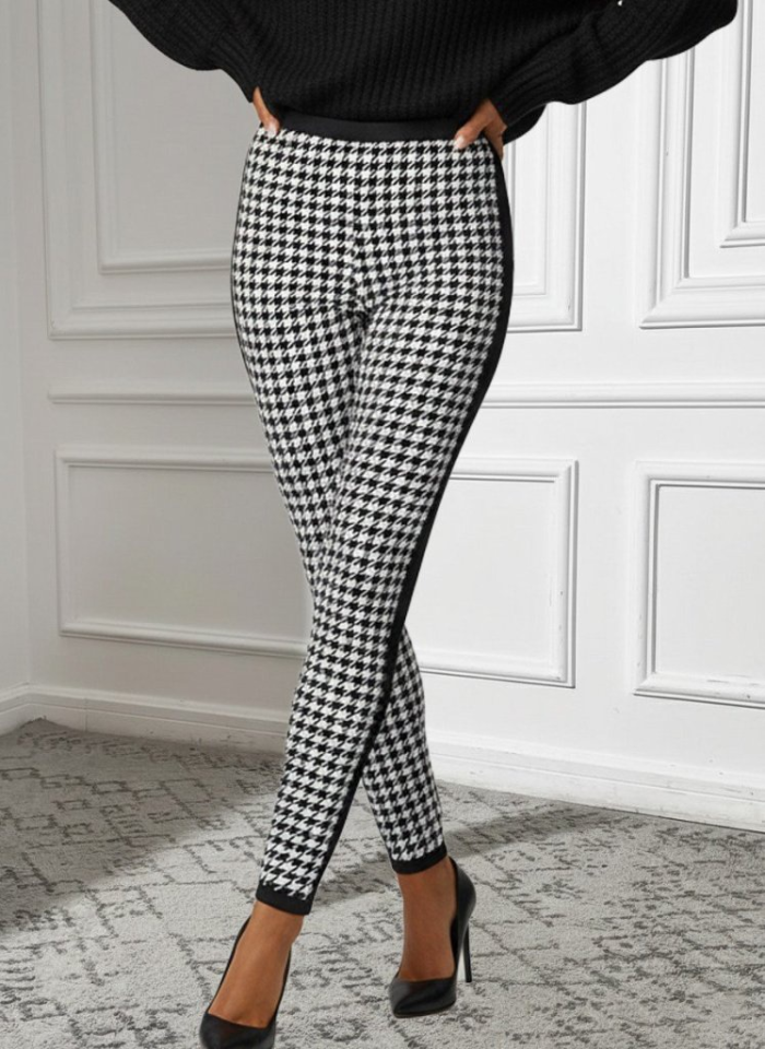 Kadın Yüksek Bel Kaz Ayağı Desenli Yanları şeritli Dalgıç Pantolon - Görsel 3