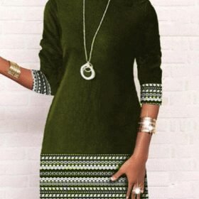 Kadın Uzun Kollu Bisiklet Yaka Kol Ağzı Ve Etek Ucu Baskılı Iki Iplik Elbise