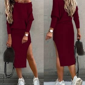 Kadın Uzun Kollu Düşük Omuz Yırtmaç Detay Kaşkorse Etek Bluz Ikili Takım