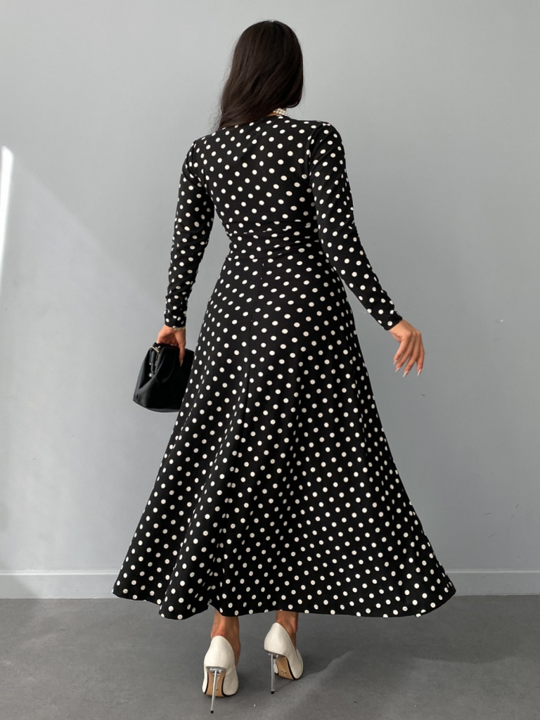 Kadın Siyah Tam Boy Beyaz Puantiyeli Elbise - Görsel 2