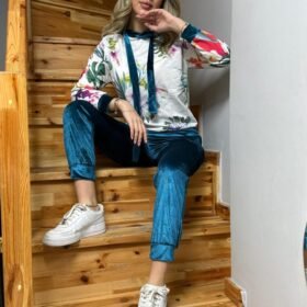 Kadın Kadife Kumaş Uzun Kollu Kapüşon Detay çiçek Baskılı Sweat Ve Pantolon Ikili Takım