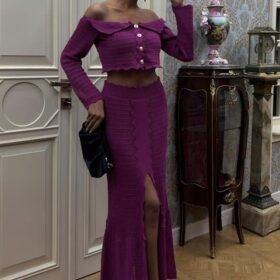 Madonna Yaka Derin Yırtmaç Etekli Şık Triko Takım 10099