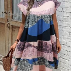 Kadın Kısa Kollu Bisiklet Yaka Kare Desenli Dalgıç Elbise