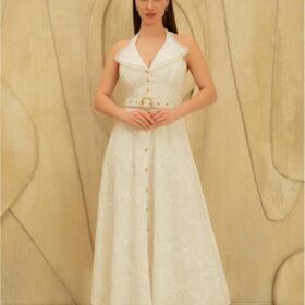 Beyaz İnci Kemer Detaylı Dantelli Elbise