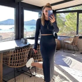 Kadın Soft Kaşkorse Kumaş Bluz Ve Yırtmaç Detaylı Etek Ikili Takım