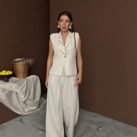 Bej Keten Yelek Pantolon Takım