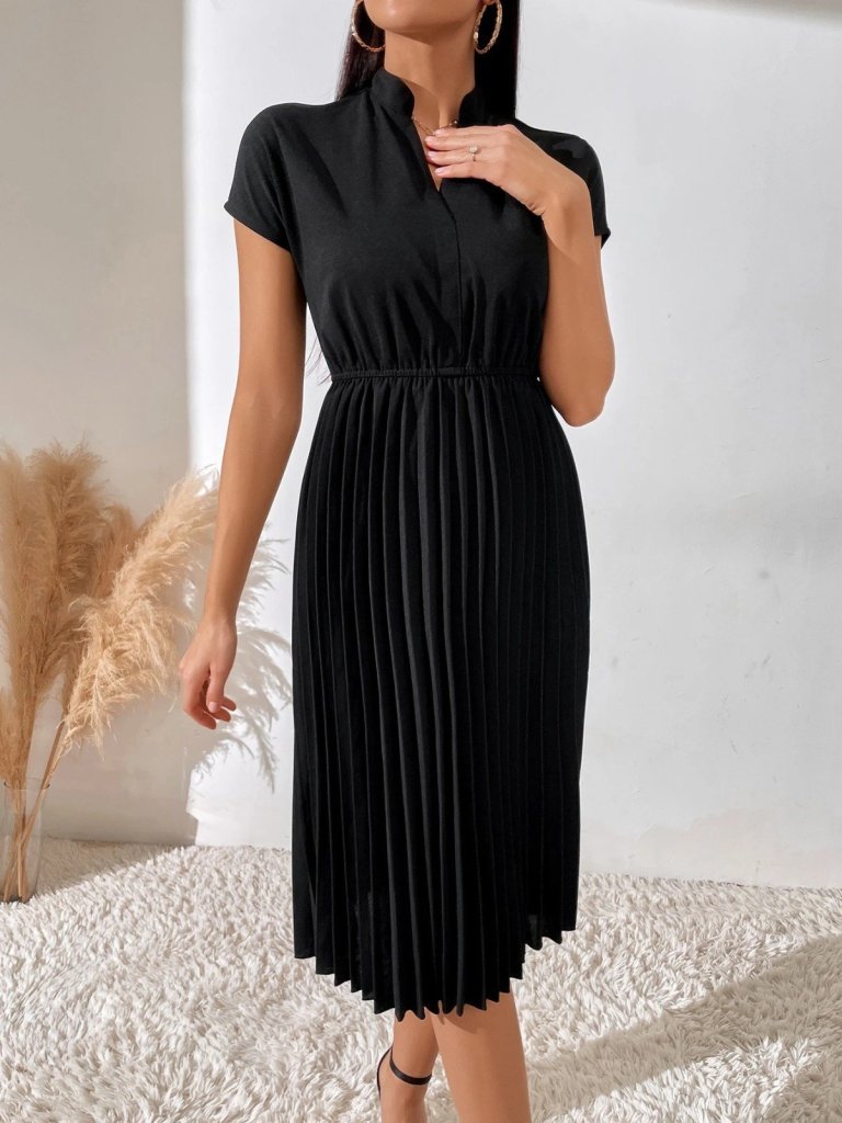 Kadın Kısa Kollu Hakim V Yakalı Pileli Janjan Krep Elbise - Görsel 2