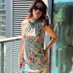 Kadın Kolsuz Boyundan Askılı Desenli Midi Süprem Elbise