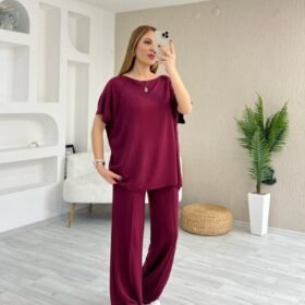 Kadın Kısa Kollu Kayık Yakalı Dikiş Izi Detaylı Viskon Iki Iplik Bluz Ve Pantolon Ikili Takım