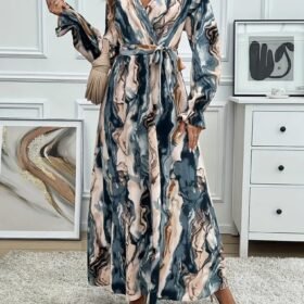 Kadın Uzun Kollu Kruvaze Yakalı Beli Kuşaklı Desenli Süprem Maxi Elbise