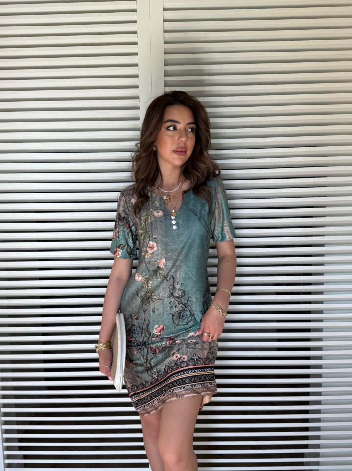 Kadın Kısa Kollu V Yakalı çiçek Baskılı Midi Süprem Elbise - Görsel 2