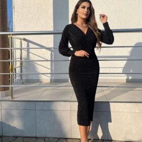 Kadın Uzun Kollu Kruvaze Yaka Büzgü Ve Balon Kol Detay Krep Kumaş Maxi Boy Elbise