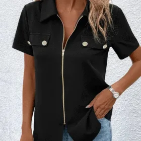 Kadın Kısa Kollu Ceket Yaka önü Fermuarlı Cep Detay Kısa Kol Ithal Krep Bluz