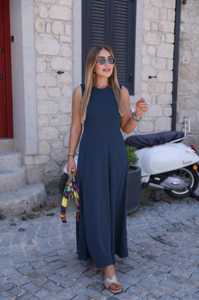 Kadın Sıfır Kollu Bisiklet Yaka Viskon Elbise - Görsel 3