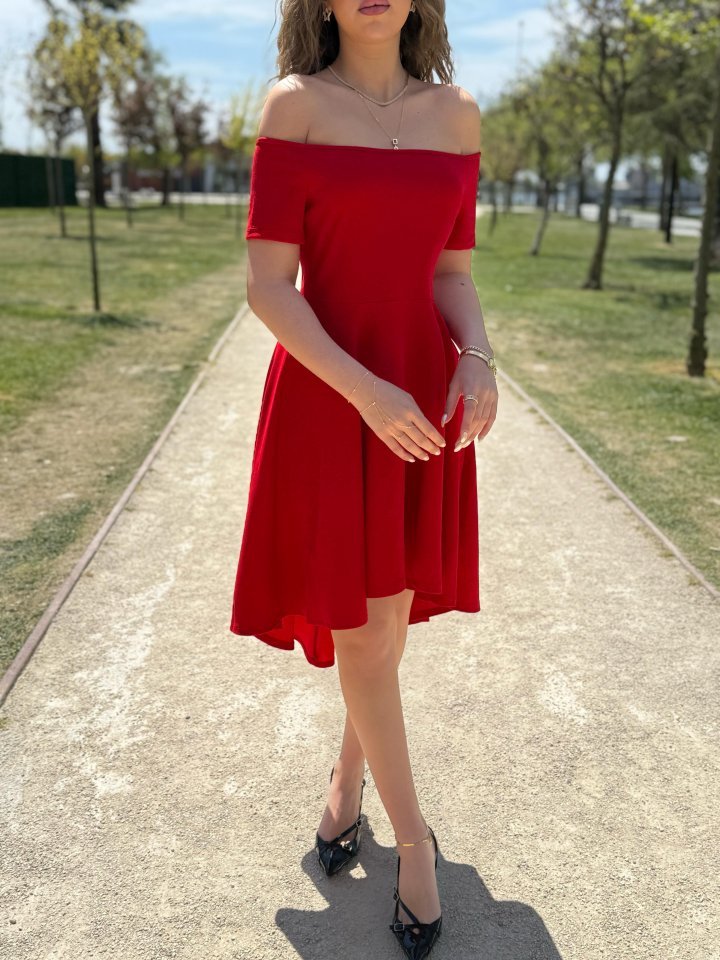 Kadın Kısa Kollu Madonna Yaka önü Kısa Arkası Uzun Ithal Krep Elbise - Görsel 3