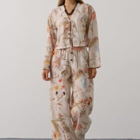 Çiçek Desen Önü Bağlamalı Pantolon Takım - Taş