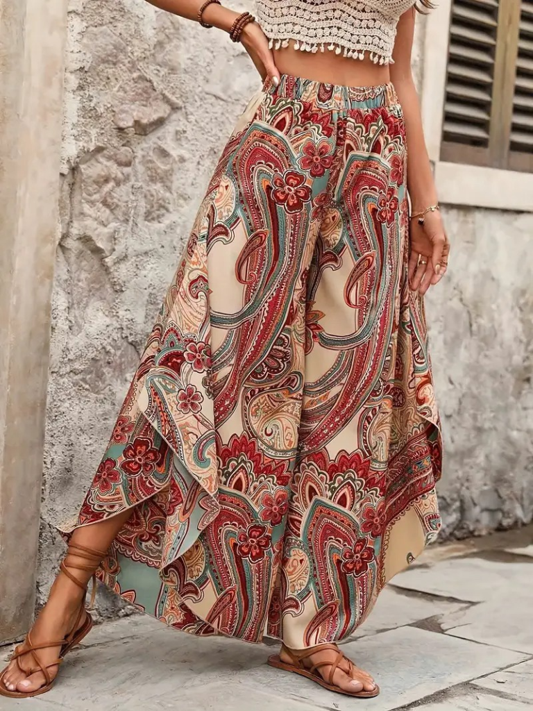 Kadın Yüksek Bel Beli Lastikli Desenli Geniş Paçalı Süprem Pantolon - Görsel 4