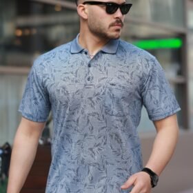 Erkek Yakalı Jakar Baskılı Kısa Kollu T-shirt