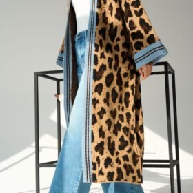 Uzun Leopar Hırka - Camel-Mavi