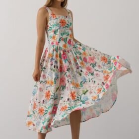 Çiçek Desenli Askılı Elbise - Pembe Çiçek