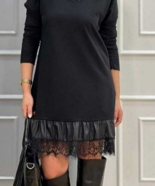 Kadın Uzun Kollu Bisiklet Yaka Etek Ucu Deri Dantelli Viskon Iki Iplik Midi Elbise - Görsel 3