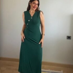 Kadın Kruvaze Yaka Düğme Detay Maxi Boy Elbise