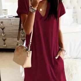 Kadın Kısa Kollu V Yakalı Cepli Kısa Viskon Elbise