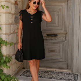 Kadın Kısa Dantel Kollu önden Düğmeli Viskon Elbise