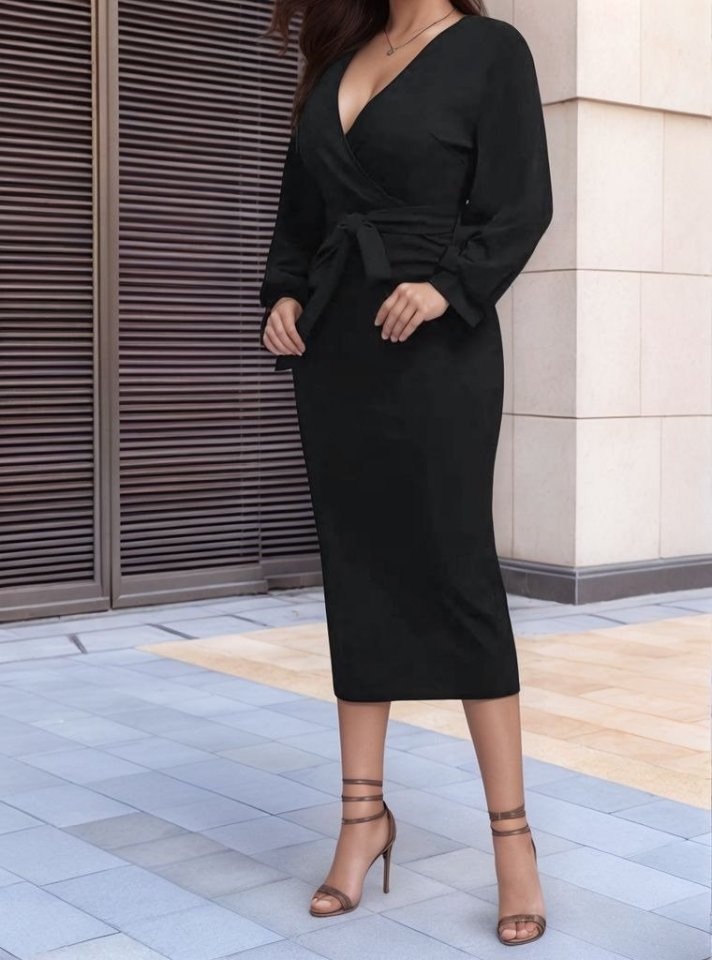 Kadın Uzun Kollu Kruvaze Yaka Belden Kuşaklı Midi Ithal Krep Elbise - Görsel 2