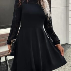 Kadın Uzun Kollu Dantelli Kloş Mini Ithal Krep Elbise